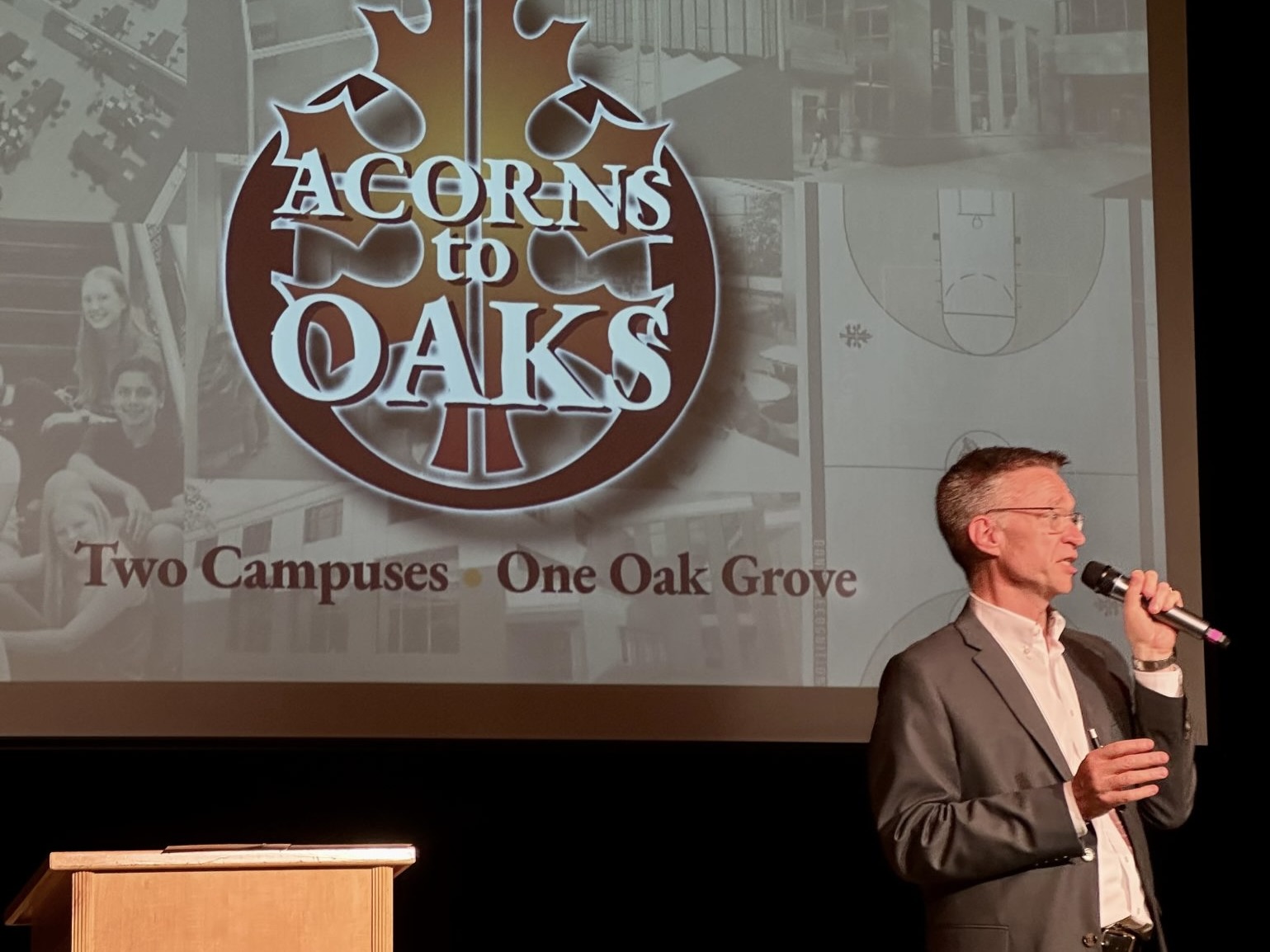 President of Oak Grove Bob Otterson giving a speech on stage