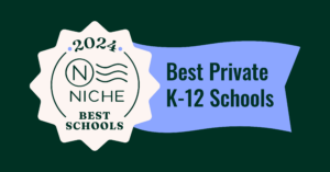 Niche white and blue ribbon with text saying "Best Private K-12 Schools"